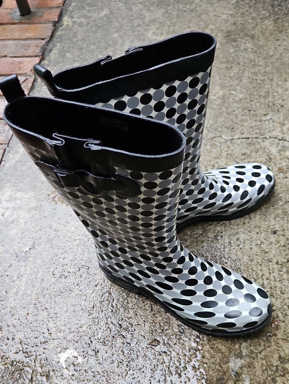 Capelli of New York Black Grey White Polka Dot Tall Rain Boots Size 12 - Picture 7 of 17